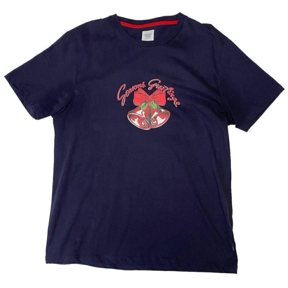Seasons Greetings Christmas Tee Size XL Navy Blue Holiday T-shirt